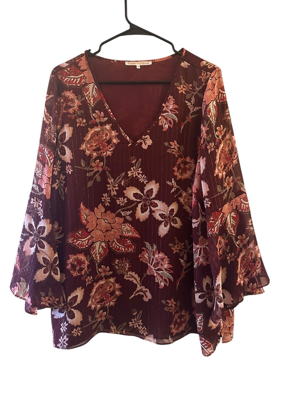 Violet & Claire Maroon Metallic Floral Sheer Sleeve Blouse Women Sz 1X